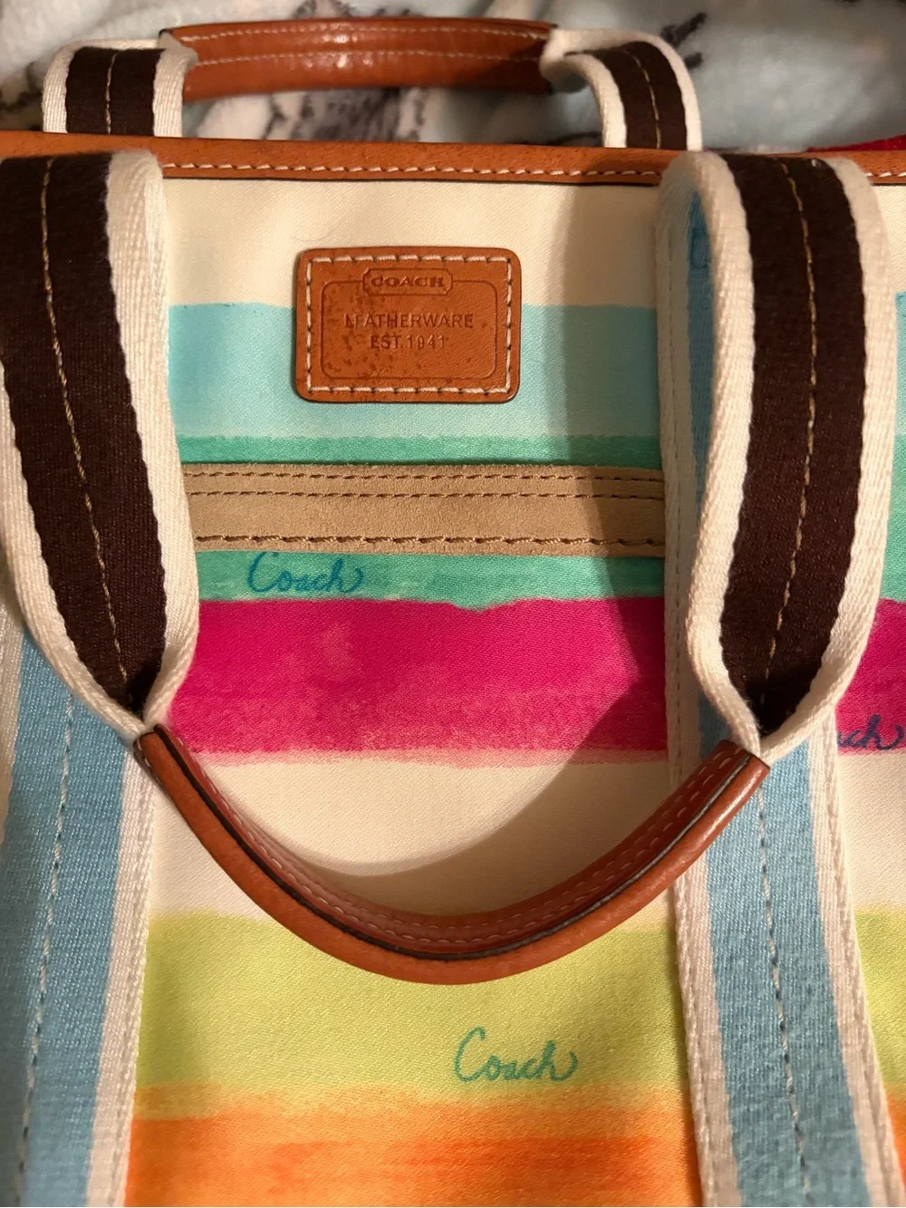 Vintage Coach Hampton Watercolor Striped Canvas Tote Bag